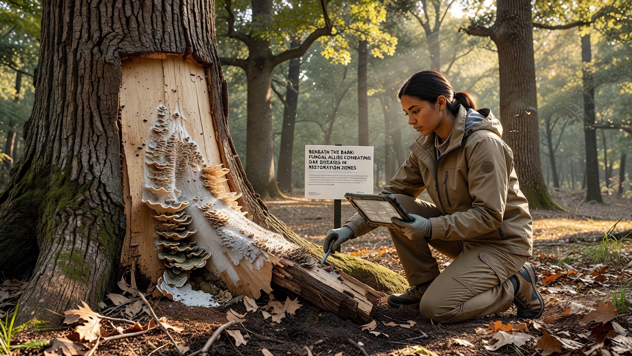 Technicians applying fungal inoculant to oak seedlings in a restoration zone