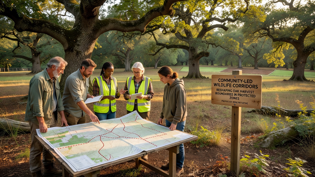 Wildlife corridor markers and oak trees along a protected harvest boundary