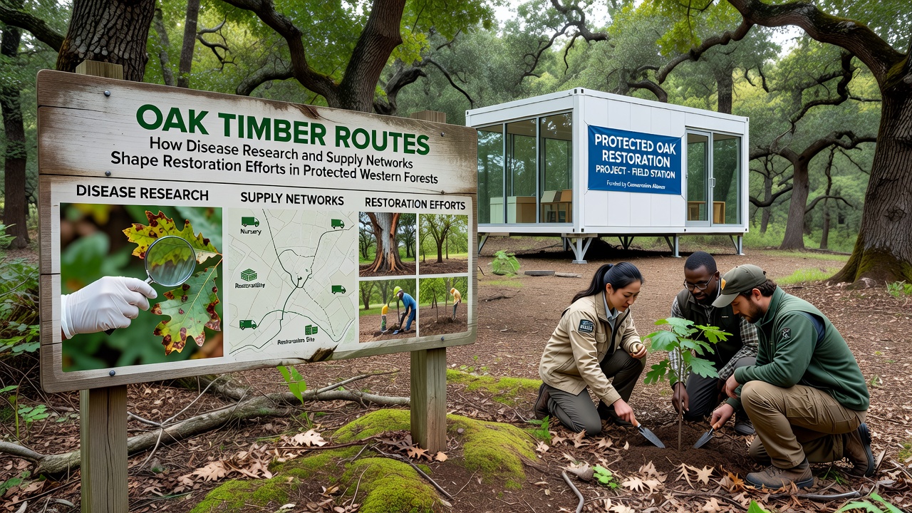 Close-up of oak saplings being unloaded at a restoration site connected by established timber supply routes