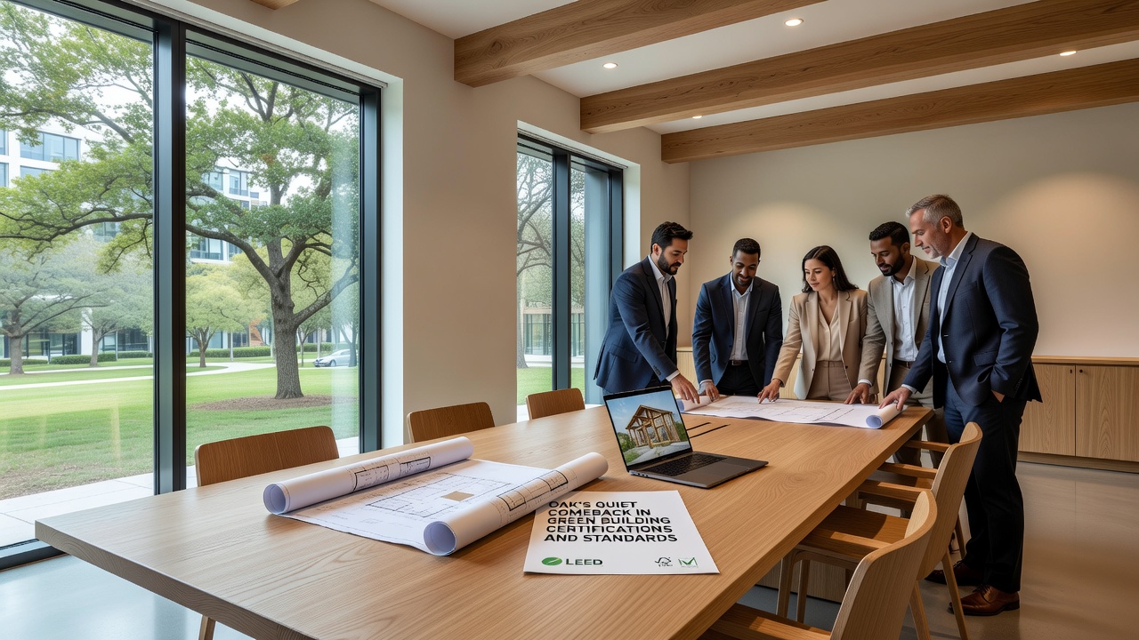 Close-up view of certified oak flooring installed in an office building pursuing green building standards